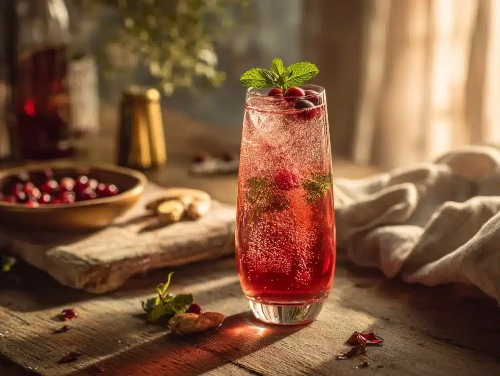 cranberry-ginger kombucha mocktail - featured image
