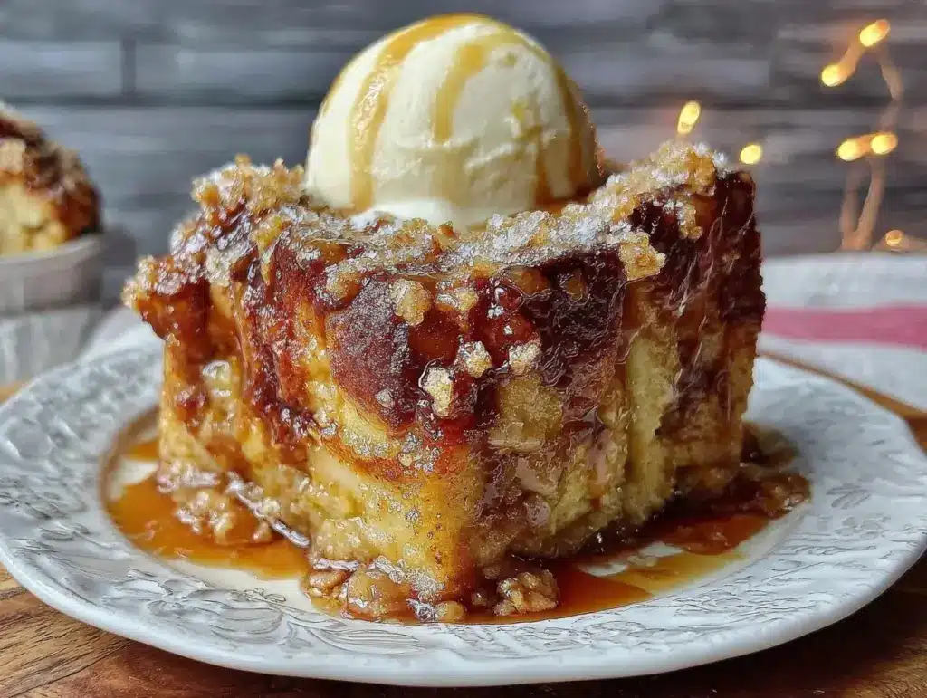 caramel apple cinnamon roll bread pudding - featured image