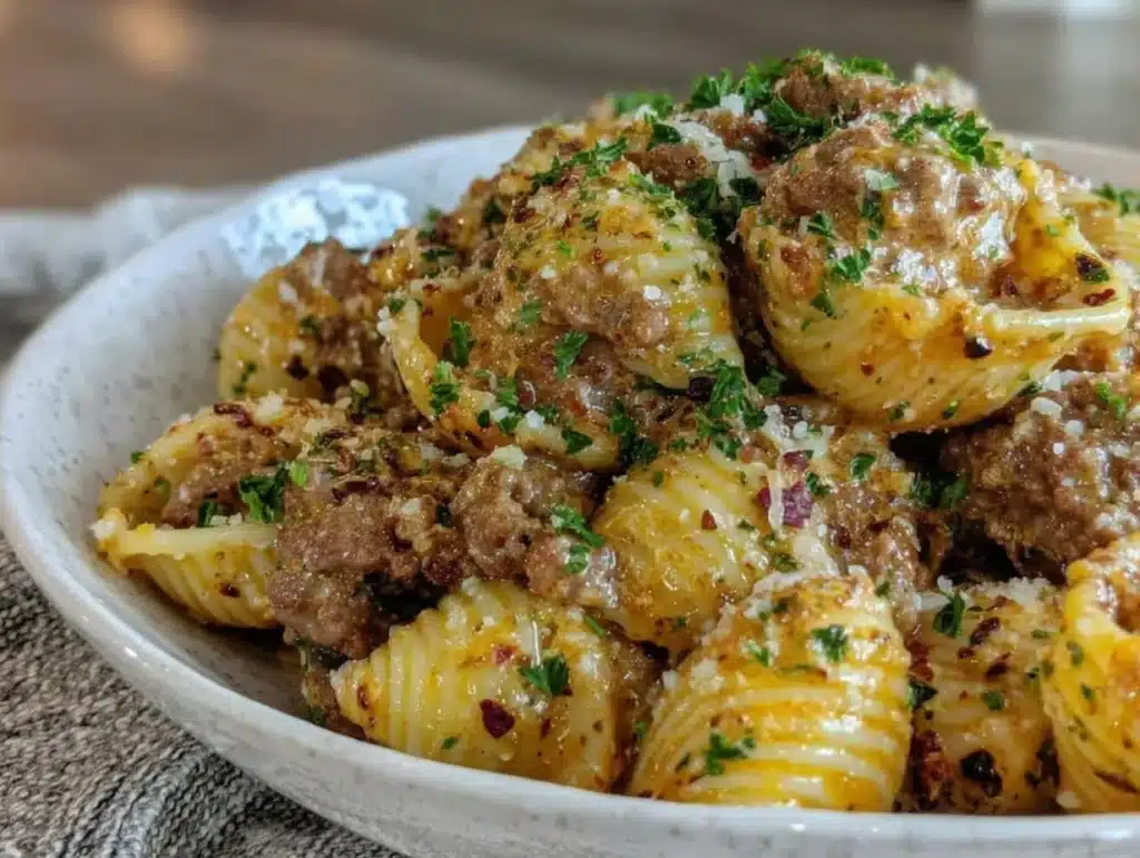 creamy beef and shells - featured image
