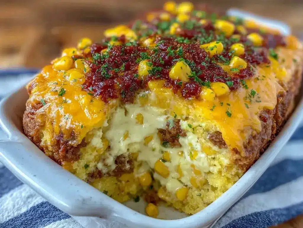 creamy corn casserole with sausage - featured image