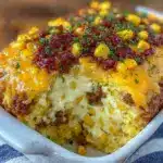 creamy corn casserole with sausage - featured image