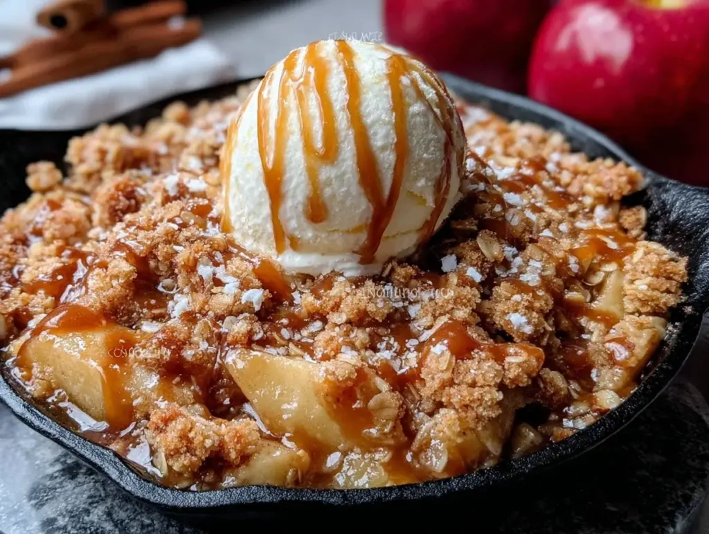 salted caramel apple crisp skillet - featured image