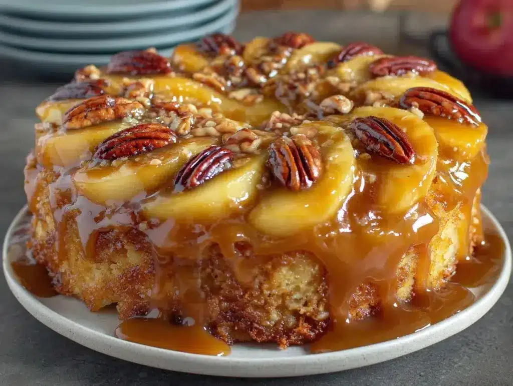 Salted Caramel Apple Pecan Upside-Down Cake - featured image