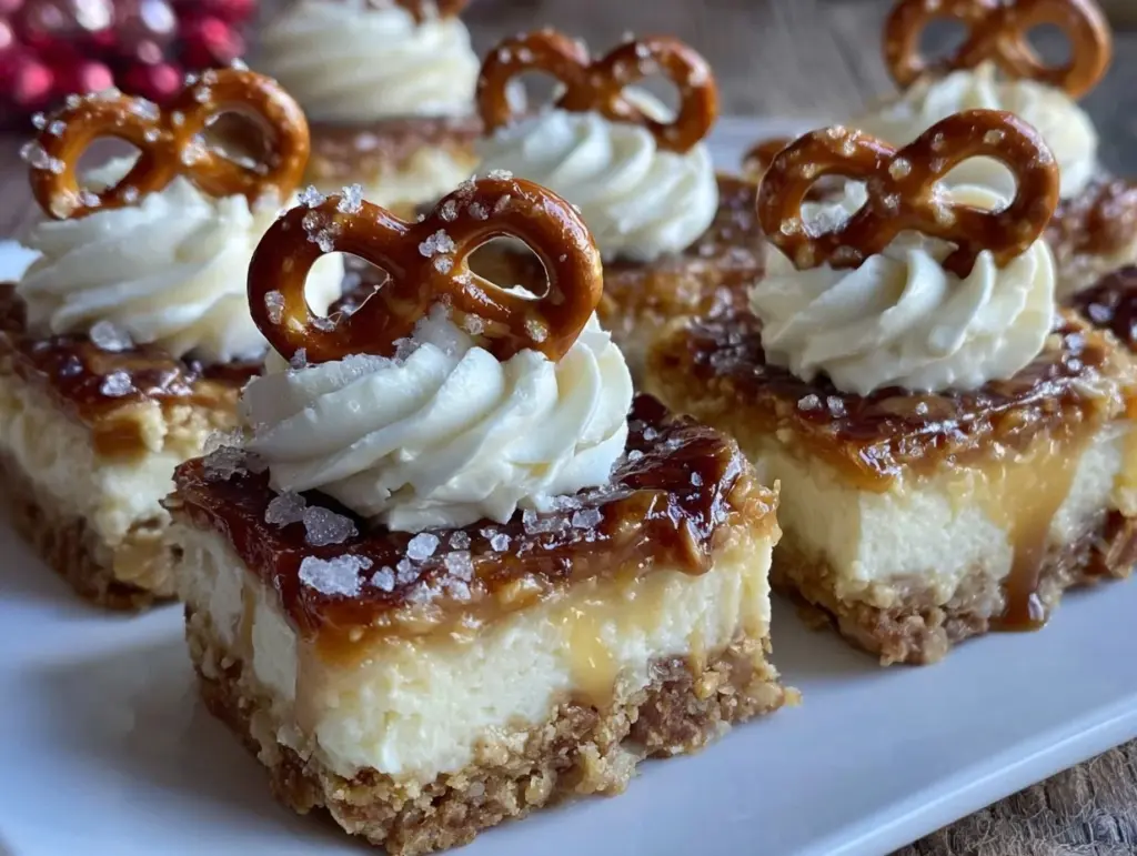 salted caramel pretzel cheesecake bars - featured image