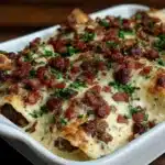 sausage gravy burrito casserole - featured image