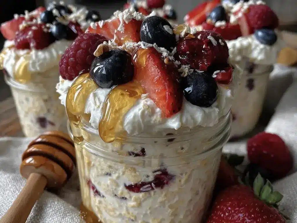 creamy overnight oats with berries and honey - featured image