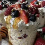 creamy overnight oats with berries and honey - featured image
