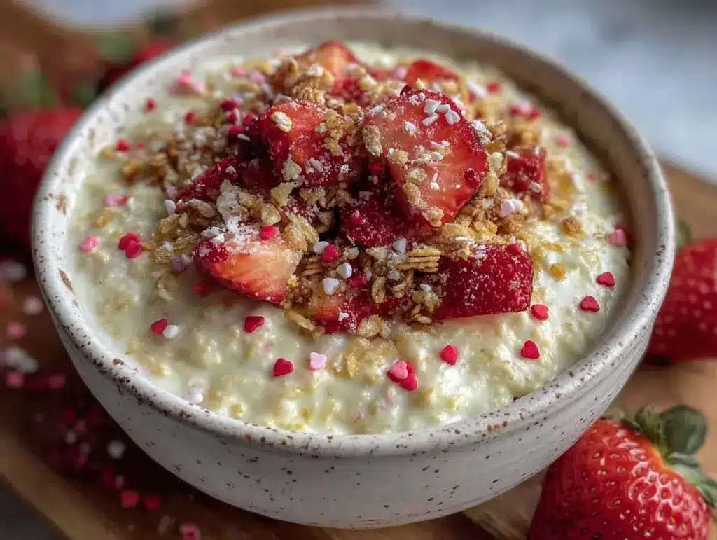 creamy valentines strawberries oatmeal bowl - featured image