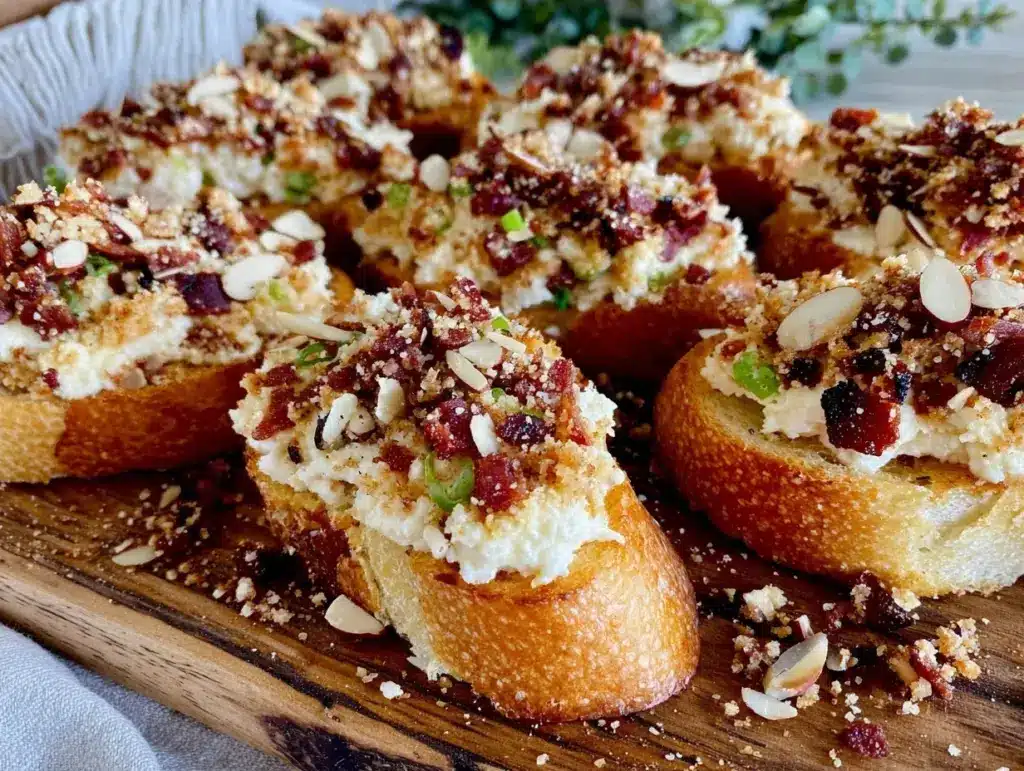 crispy almond-bacon cheese crostini - featured image
