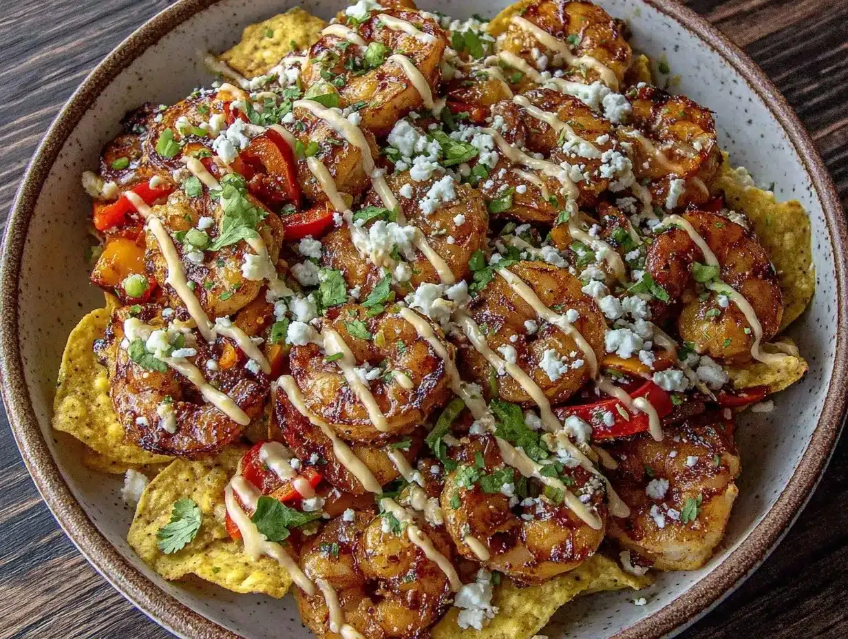 loaded nacho party bowl with shrimp scampi preparation steps