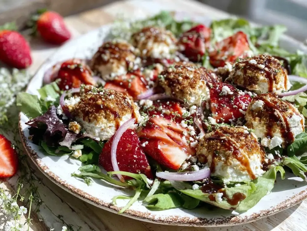 brown butter strawberry goat cheese salad - featured image