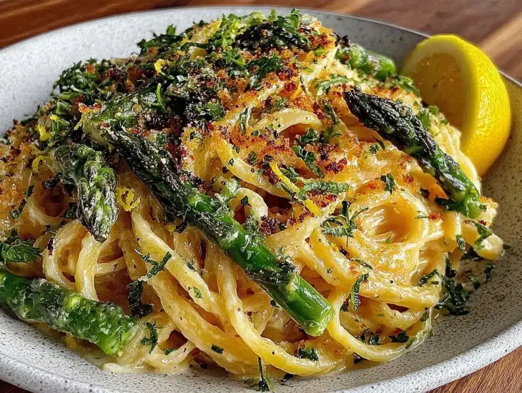 creamy crunchy lemon asparagus pasta - featured image
