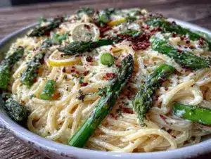 creamy lemon asparagus pasta - featured image