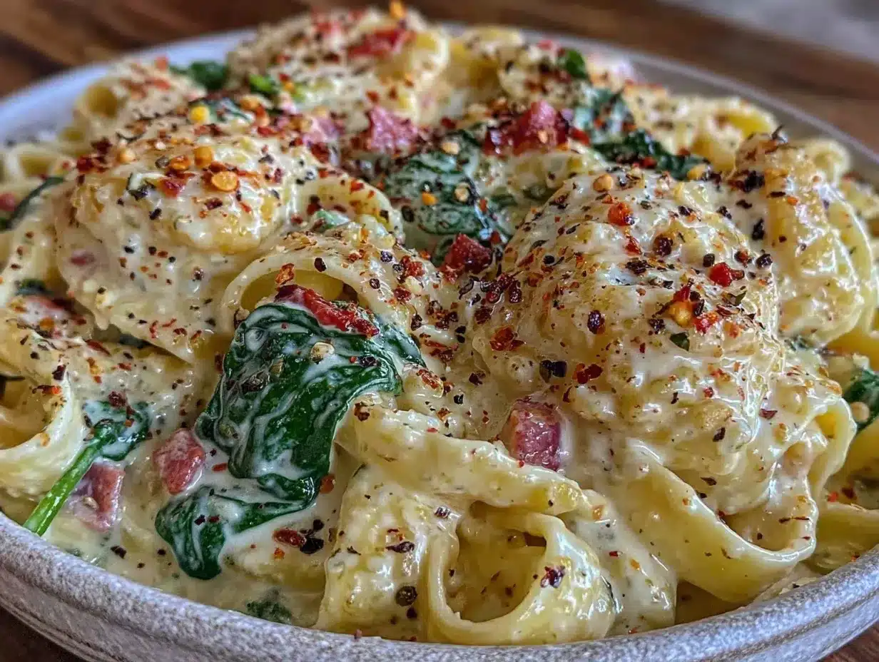 creamy one-pot garlic spinach pasta preparation steps