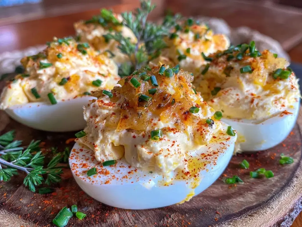 creamy overnight deviled eggs with roasted garlic - featured image