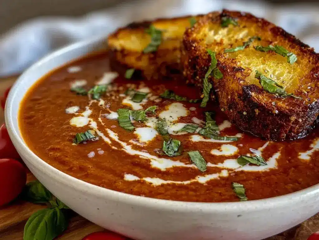 creamy roasted tomato basil soup - featured image