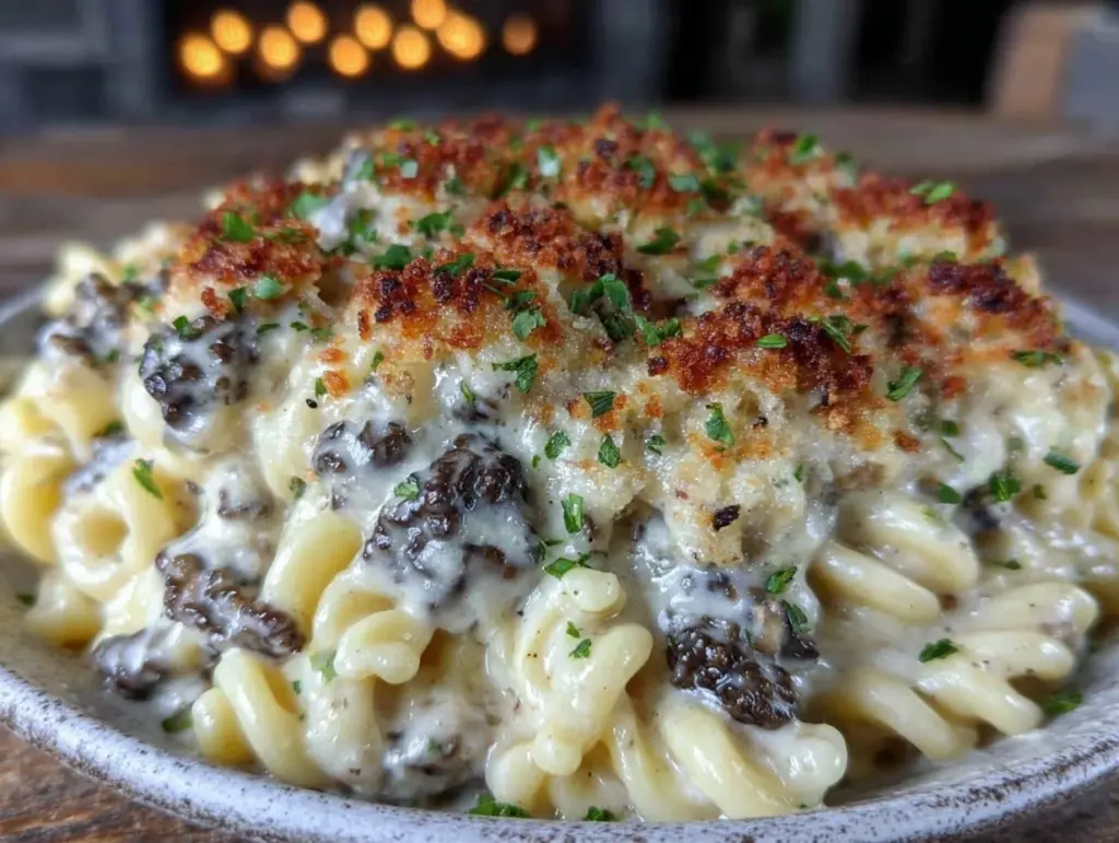 creamy slow cooker morel mushroom pasta - featured image