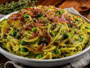 creamy sticky spring pea pesto pasta - featured image