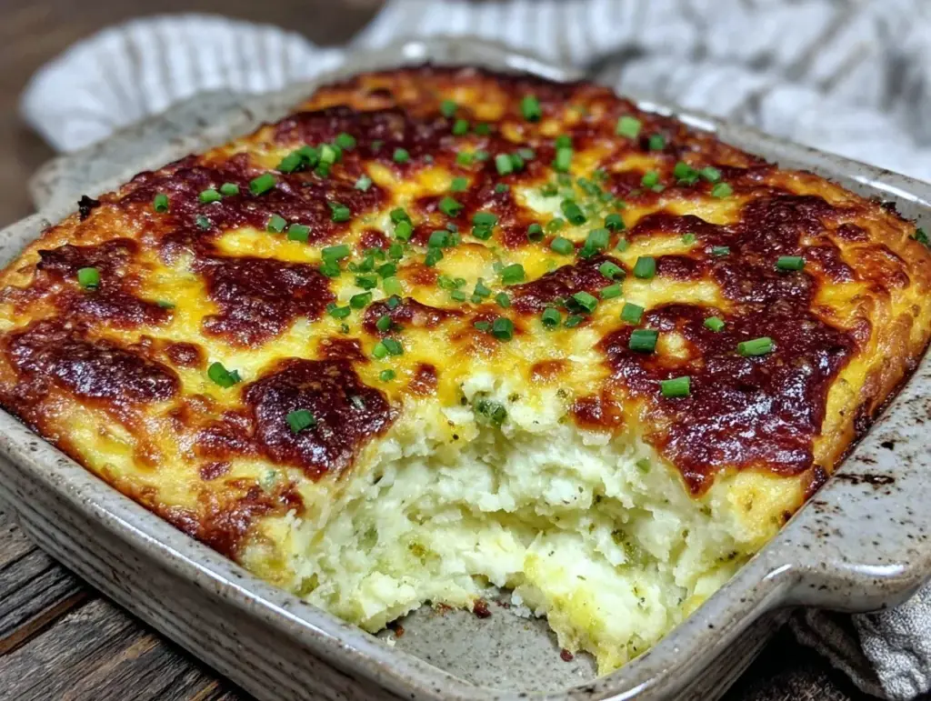 creamy twice-baked cheddar potato casserole - featured image