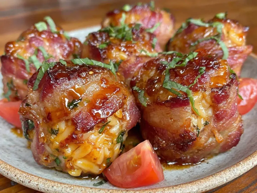 crispy bacon-wrapped tomato basil orzo - featured image