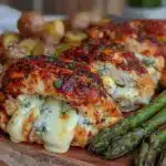 crispy cheese-stuffed sheet pan chicken dinner - featured image