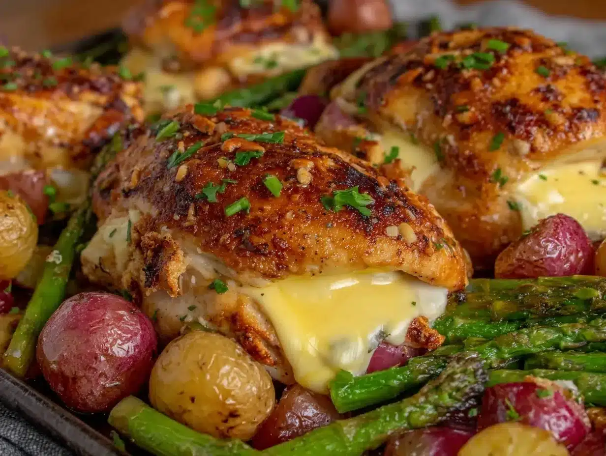 crispy cheese-stuffed sheet pan chicken dinner preparation steps