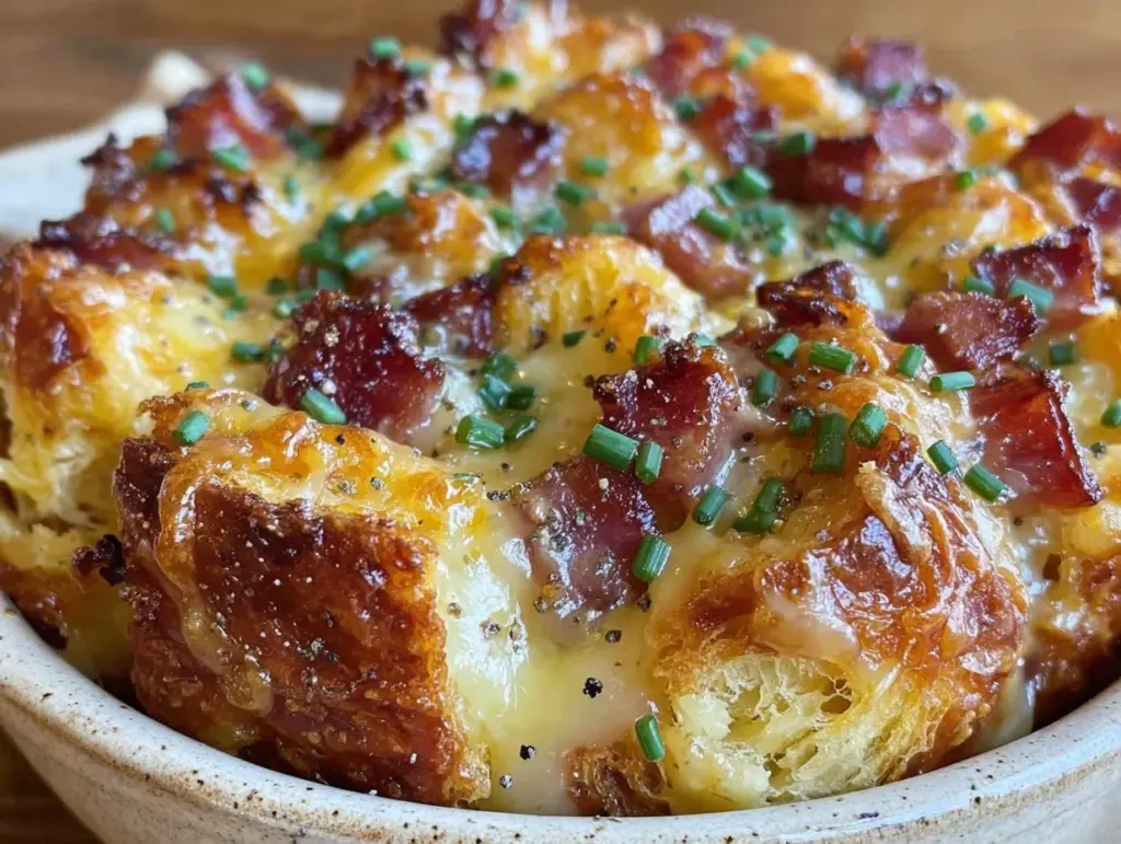 crispy ham and cheese croissant breakfast casserole - featured image