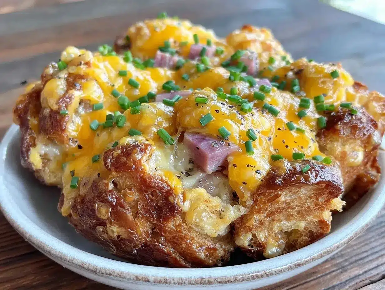 crispy ham and cheese croissant breakfast casserole preparation steps