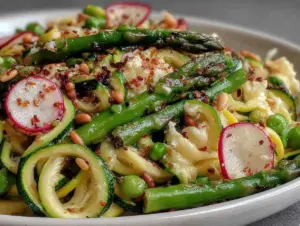 easy keto spring vegetable pasta salad - featured image