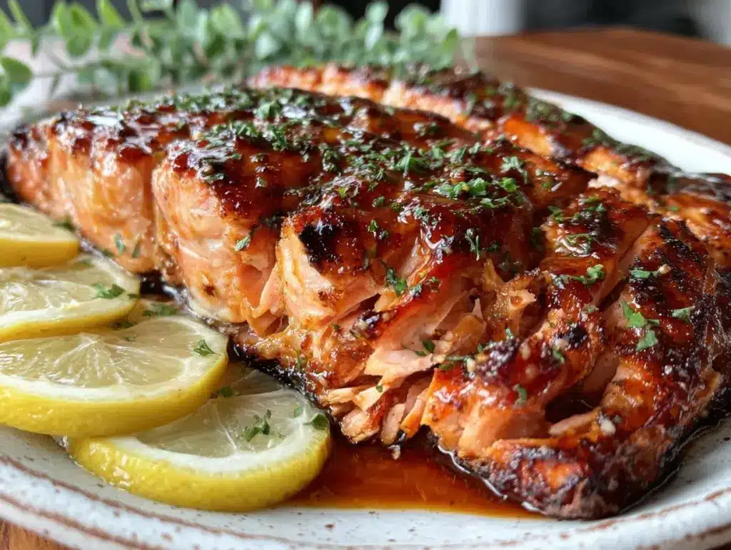 honey garlic baked salmon with lemon - featured image