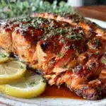 honey garlic baked salmon with lemon - featured image