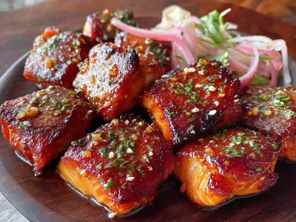 hot honey garlic salmon bites - featured image