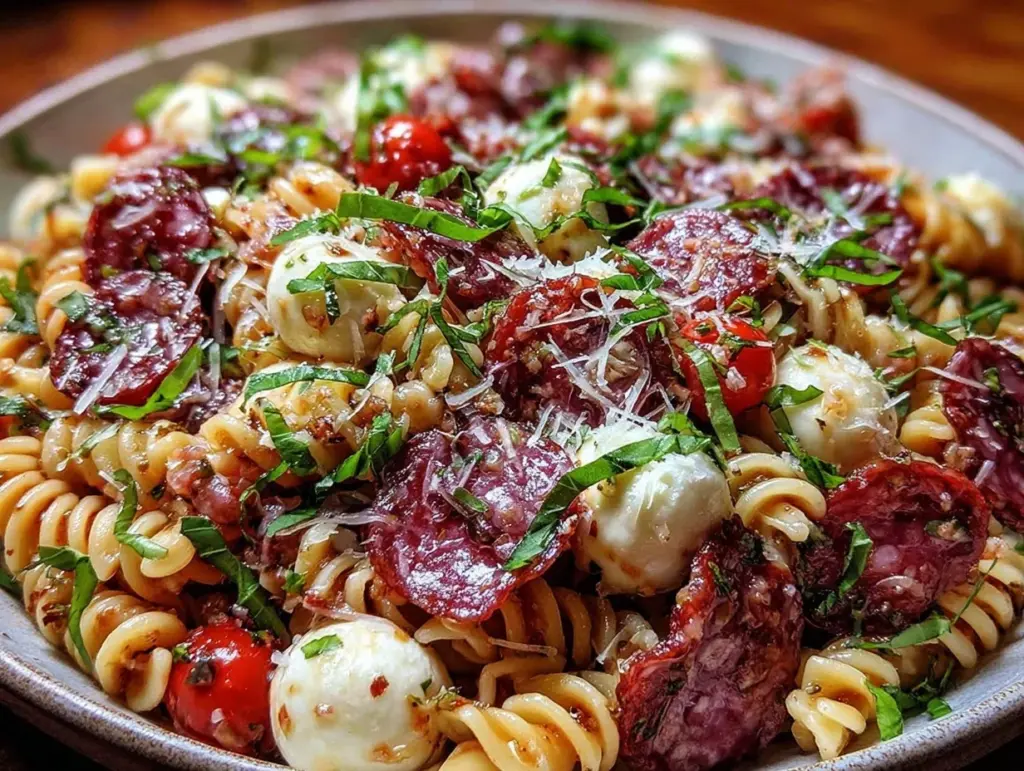 italian pasta salad with salami and mozzarella - featured image