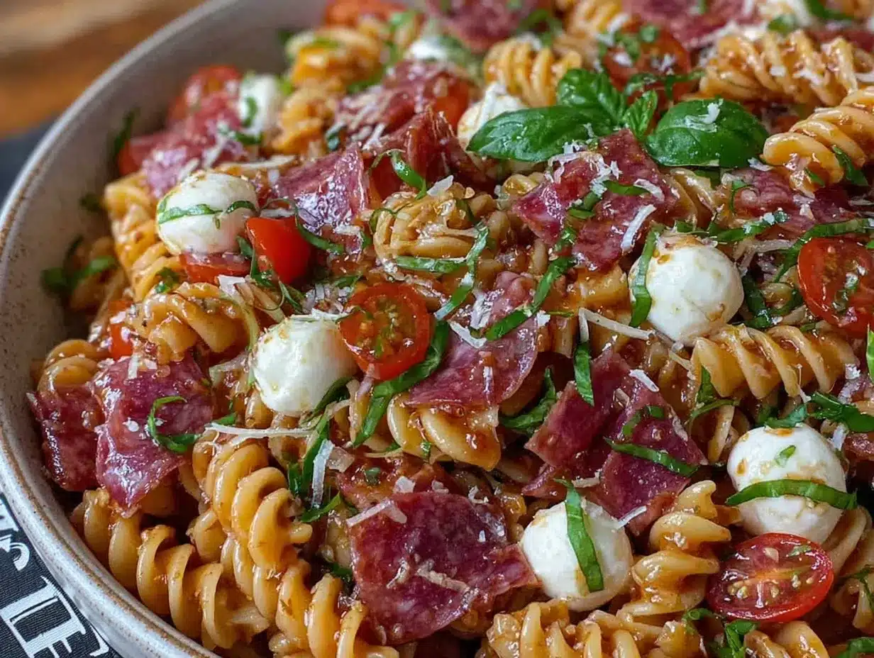 italian pasta salad with salami and mozzarella preparation steps