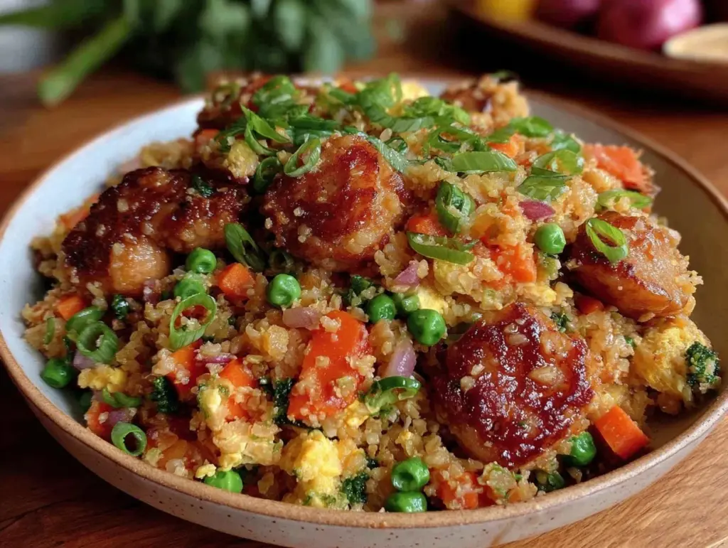 low carb cauliflower fried rice with chicken - featured image