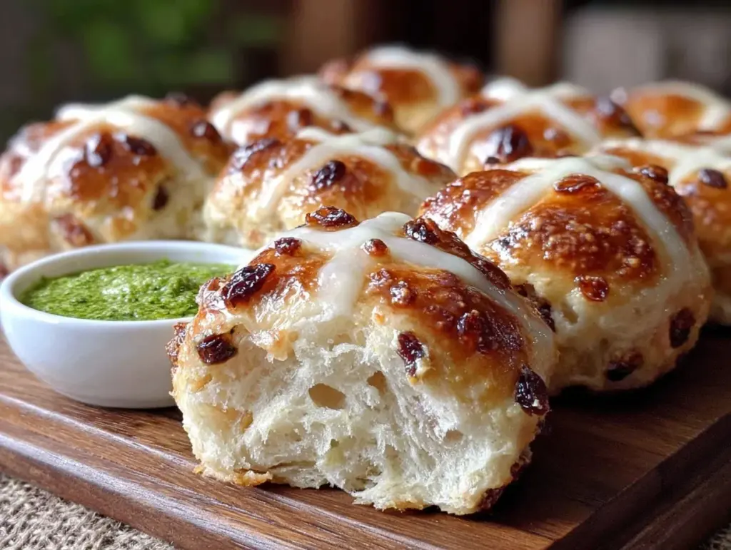 vegan hot cross buns with basil pesto - featured image