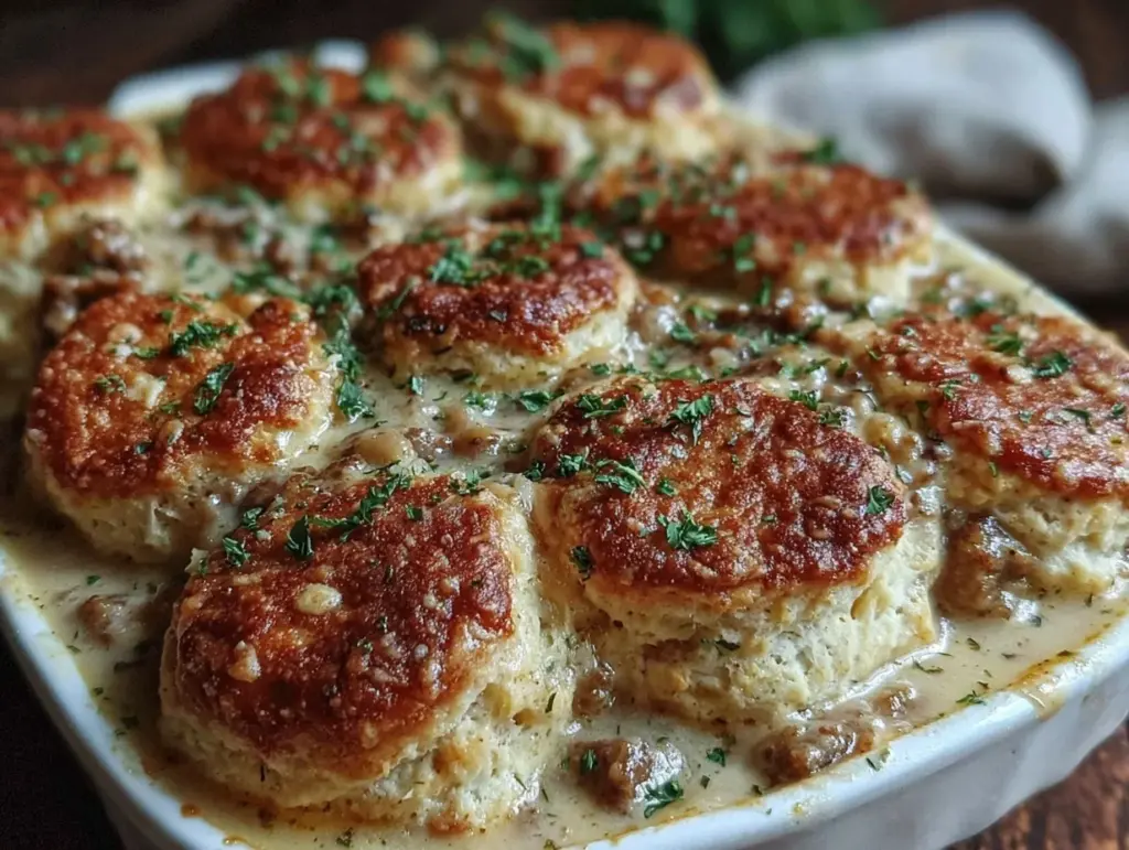 biscuits and sausage gravy casserole - featured image