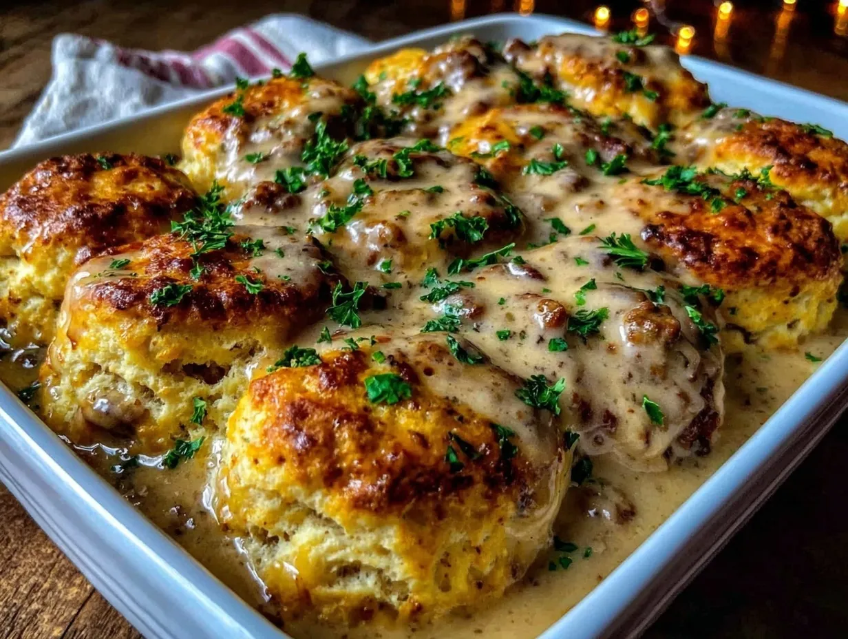 biscuits and sausage gravy casserole preparation steps