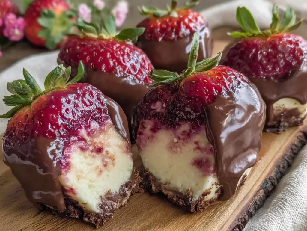 chocolate covered strawberry cheesecake bites - featured image