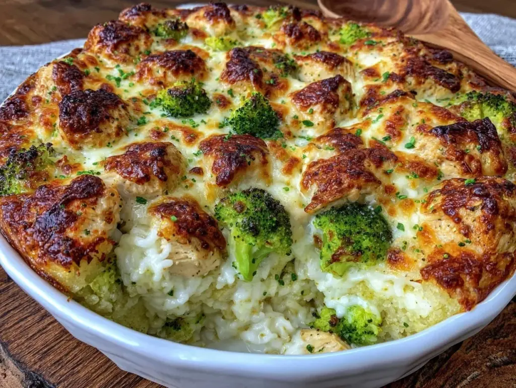 creamy crockpot chicken and broccoli cheddar casserole - featured image