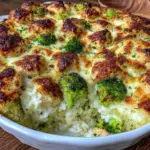 creamy crockpot chicken and broccoli cheddar casserole - featured image