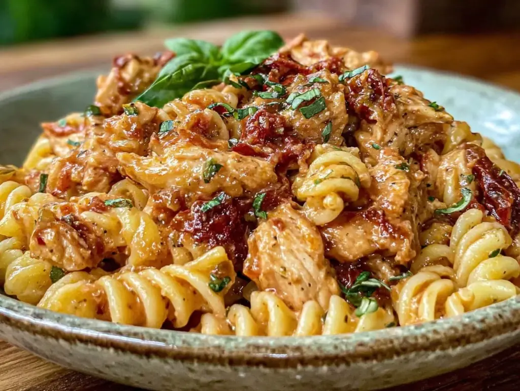 creamy crockpot tuscan chicken pasta - featured image