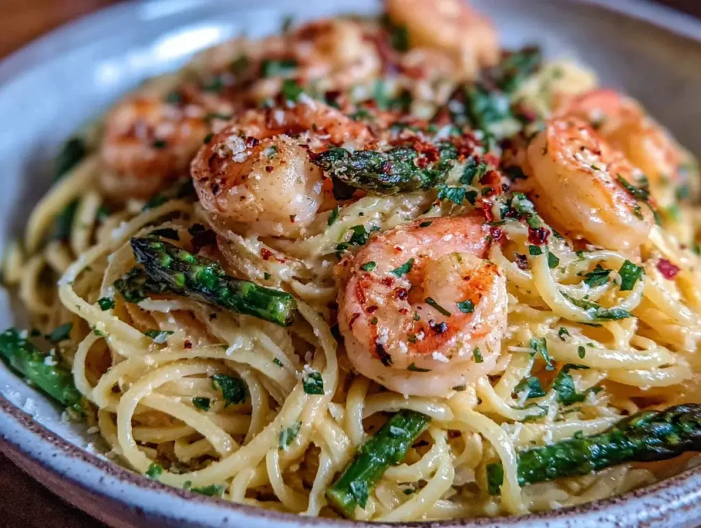 creamy lemon asparagus shrimp pasta - featured image