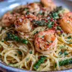 creamy lemon asparagus shrimp pasta - featured image