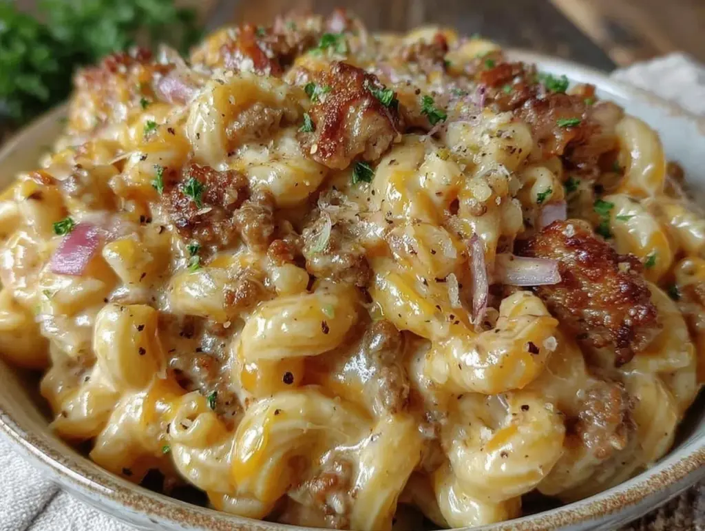 creamy loaded cheeseburger macaroni recipe - featured image