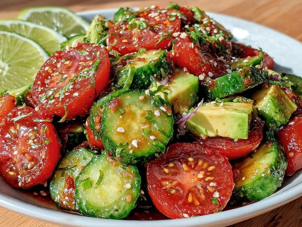 fresh cucumber tomato avocado salad preparation steps