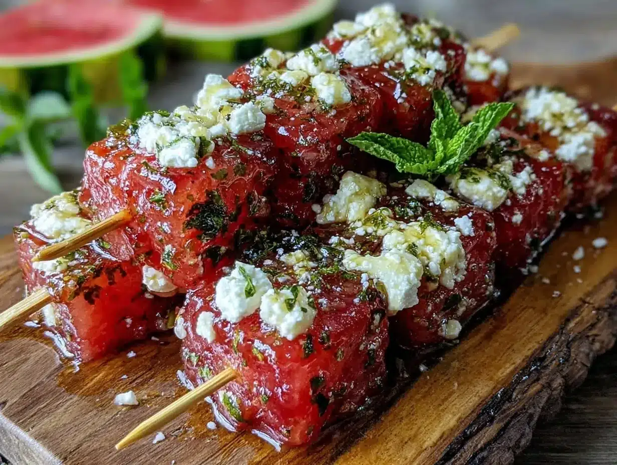 fresh watermelon feta mint skewers preparation steps