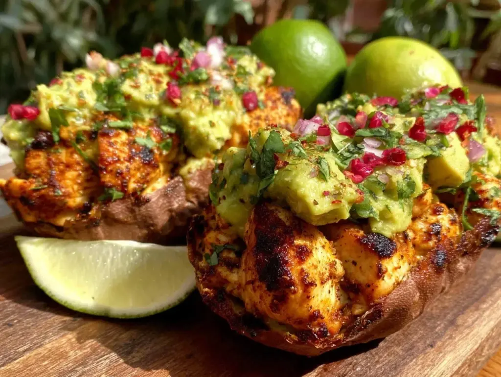 healthy grilled chicken and avocado stuffed sweet potatoes - featured image