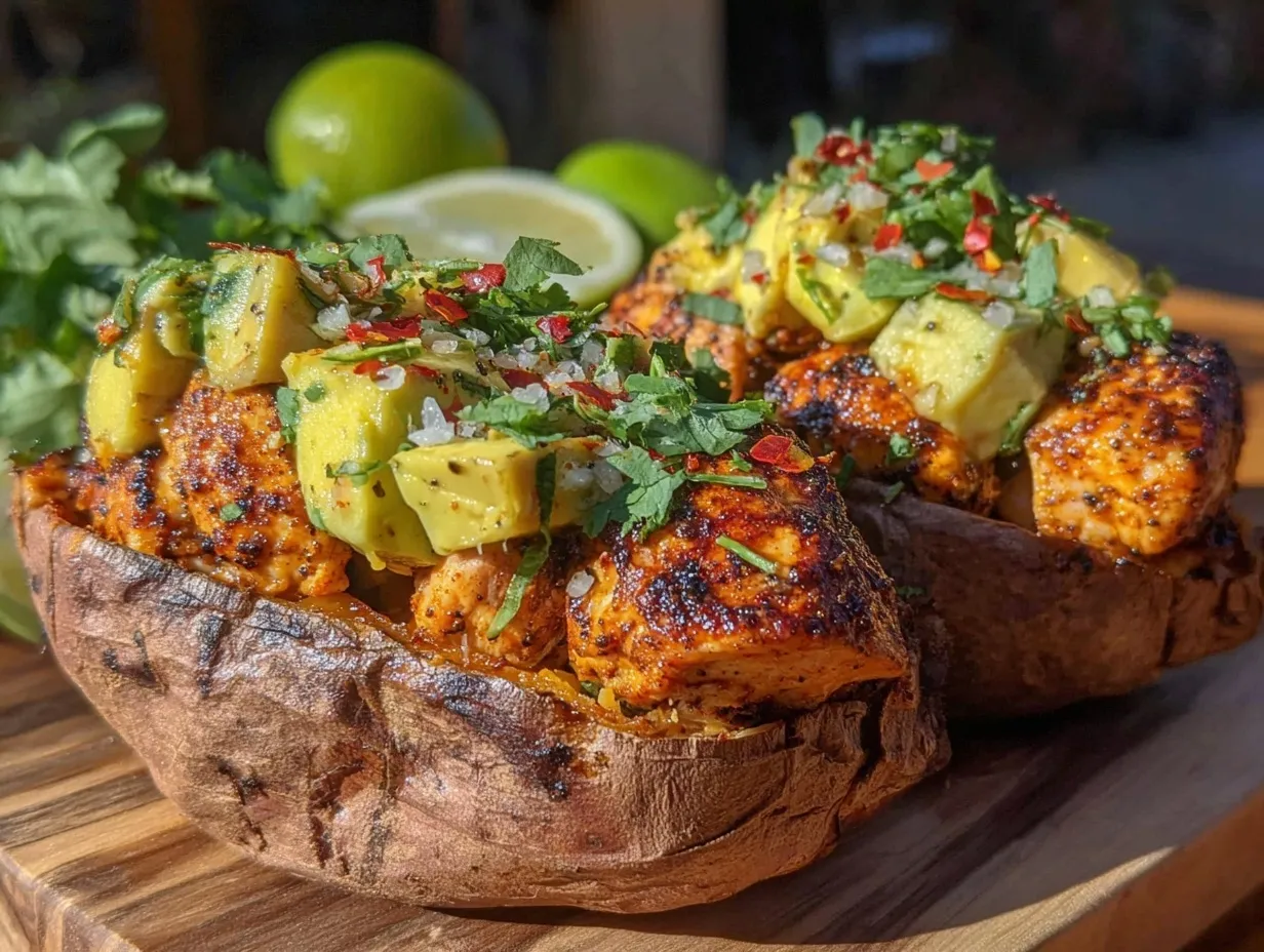 healthy grilled chicken and avocado stuffed sweet potatoes preparation steps