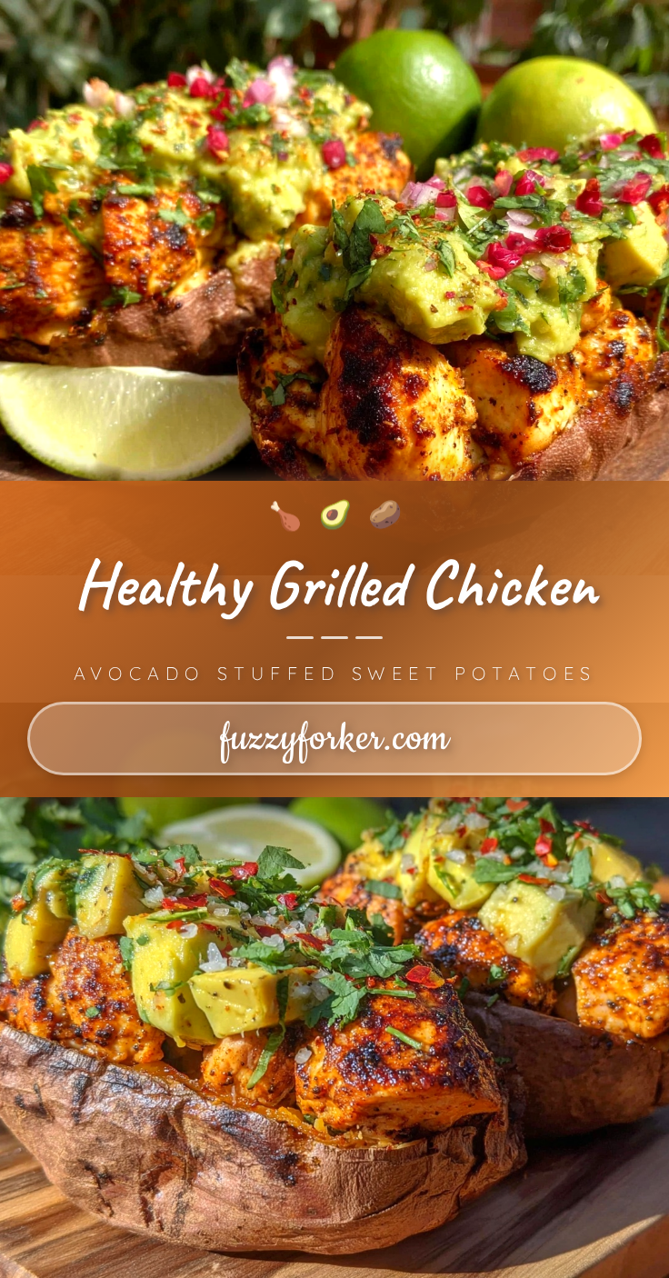 healthy grilled chicken and avocado stuffed sweet potatoes recipe